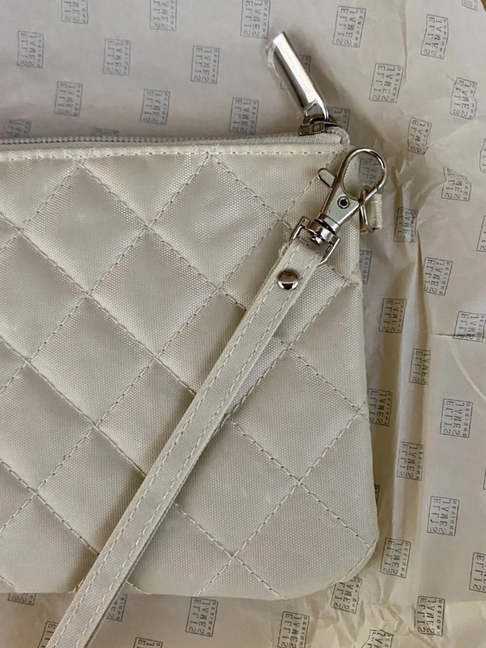 Ellis James Design: Makeup Pouch, Ivory, Quilted, Silver Hardware, New in Box.